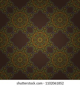 Seamless Indian motif in gray, brown and green colors. Ornamental floral print on wallpaper, linoleum, textile. Vector pattern with Mandalas, flower paisley.