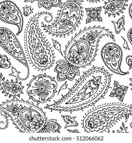 Seamless indian paisley pattern. Black and white illustration for coloring book.