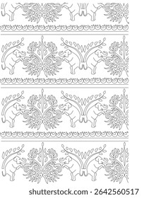 Seamless Indian Pattern Border with Elephants and Foliage, A seamless decorative border featuring a repeating Indian pattern with elephants, stylized trees or foliage, and swirling ornamental