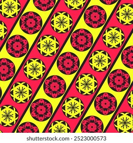 Seamless Indian pattern featuring dark pink and yellow mandala motifs on a black background. The vibrant colors blend harmoniously, creating an elegant and intricate design. Perfect for textiles.