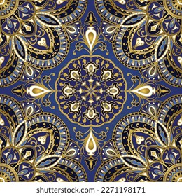 Seamless indian pattern with mandalas. Vector blue background with a golden contour. Template for fabric, carpet, rug, wallpaper
