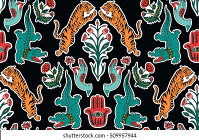 Seamless indian pattern. Set of stickers, pins, patches and handwritten notes collection in cartoon.Leopard, crocodile, hamsa, flower, plant. Vector illustration