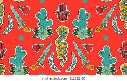 Seamless indian pattern. Set of stickers, pins, patches and handwritten notes collection in cartoon.Leopard, crocodile, hamsa, flower, plant. Vector illustration