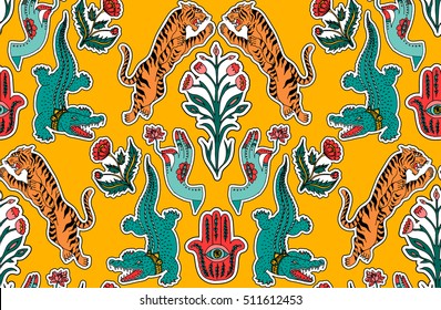 Nahtlose indianische Muster. Set von Aufklebern, Pins, Pflaster und handgeschriebenen Noten Sammlung in Cartoon.Leopard, Krokodil, Hamsa, Blume, Pflanze. Vektorgrafik