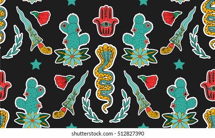 Seamless indian pattern. Set of stickers, pins, patches and handwritten notes collection in cartoon.Leopard, crocodile, hamsa, flower, plant. Vector illustration