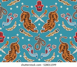 Seamless indian pattern. Set of stickers, pins, patches and handwritten notes collection in cartoon.Tiger, sword, hamsa, flower, plant. Vector illustration