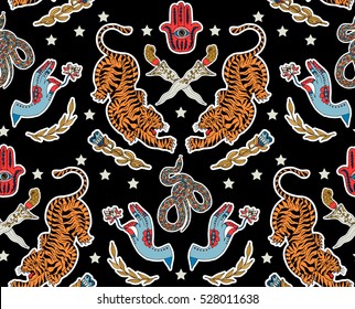 Seamless indian pattern. Set of stickers, pins, patches and handwritten notes collection in cartoon.Tiger, sword, hamsa, flower, plant. Vector illustration