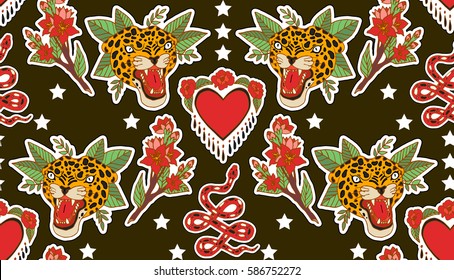 Seamless indian pattern. Set of stickers, pins, patches and handwritten notes collection in cartoon.Tiger, sword, hamsa, flower, plant. Vector illustration