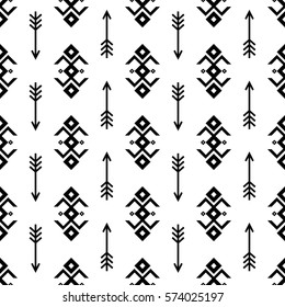 Seamless Indian pattern vector arrows and USA Native American type geometric ethnic tribal ornaments black and white background design retro vintage bohemian boho style icon