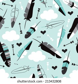 Seamless indian summer feathers and arrow clouds illustration background pattern in vector