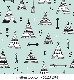 Seamless indian summer woodland arrows and teepee illustration aztec background pattern in vector