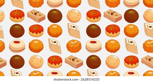 seamless indian sweets pattern on white background – traditional mithai dessert icons vector for textile, packaging, diwali greeting, wrapping and fabric design