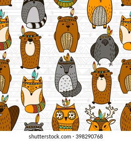 Seamless indian totem animals illustration background pattern in vector