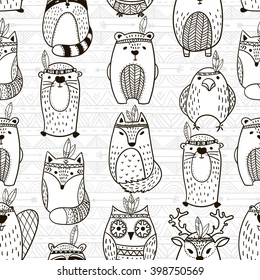 Seamless indian totem animals illustration background pattern in vector