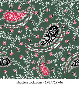 seamless Indian traditional paisley pattern on green background 