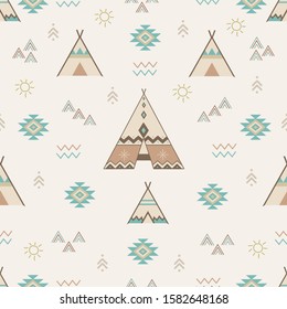 Seamless Indian Woodland Arrows and Teepee pattern , Tribal tent, aztec design. aztec wallpaper. vector illustration