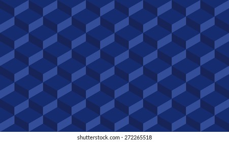 Seamless indigo blue isometric flattened cubes optical illusion pattern vector