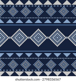 Seamless Indigo Blue White Mudmee Ikat Shibori Cross Stitch Pattern Ethnic Tribal Diamond Fair Isle Vector