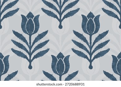 Patrón de Folk floral índigo sin costuras sobre fondo gris suave. Motivos ornamentales tradicionales, escandinavos, ideales para textiles, Fondo de pantalla, tapicería, telas de moda, papel de regalo y decoración de interiores.
