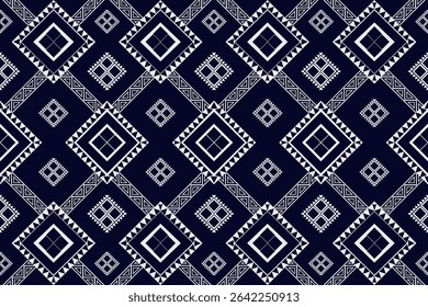 A seamless indigo geometric ethnic pattern inspired by traditional tribal textiles. Perfect for fashion design, fabric printing, home decor, or digital backgrounds. Ideal for use on clothing, scarves,