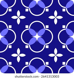 Seamless indigo geometric floral pattern with white and violet tones. Perfect for digital prints, textile design, and stylish fashion collections.