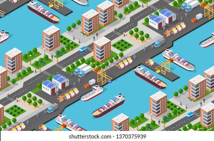 Patrón de mapas de ciudades industriales sin problemas. Transporte marítimo de amarre en puerto isométrico con grúas y contenedores de transporte