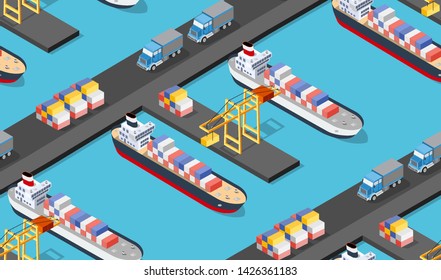 Seamless industrial city map pattern. Isometric port mooring ship transport with crane and shipping containers