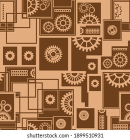 Seamless industrial pattern. Monochrome techno design with geometric elements. Brown and beige palette. Vector illustration