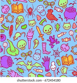 Seamless infinite background with Halloween stuff - Pattern for greeting cards, packing, cards, packets, flyers