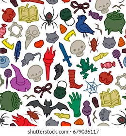 Seamless infinite background with Halloween stuff - Pattern for greeting cards, packing, cards, packets, flyers