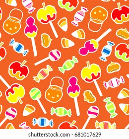 Seamless infinite background with pumpkins candy sweets and apple - Halloween Pattern for greeting cards, packing, cards, packets, flyers