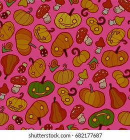 Seamless infinite background with pumpkins and mushrooms - Halloween Pattern for greeting cards, packing, cards, packets, flyers