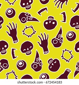 Seamless infinite background with scull bones and eyes - Halloween stuff - Pattern for greeting cards, packing, cards, packets, flyers