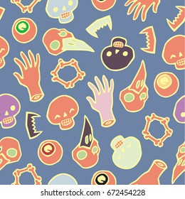 Seamless infinite background with scull bones and eyes - Halloween stuff - Pattern for greeting cards, packing, cards, packets, flyers