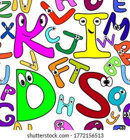 Seamless infinite pattern. Children's alphabet. Bright multicolored letters with eyes. Funny cartoon images. Kids is large, the other letters are smaller.Preparing for school, kindergarten. Learning, 