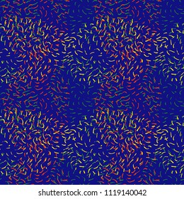 Seamless infinite yellow vortex with red and green dots dots loyally painted blue background.