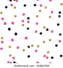 Seamless ink brush painted polka dot pattern. Vector illustration. Black, gold, pink and white grunge pattern. Can be used for tags, flyers, banners, web, print, textile and paper designs