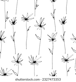 Nahtloses Blumenmuster mit Tinte.
Wildblumen, Schwarz-Tinte-Digitalmalerei im skizzenhaften Stil, wiederholbares Muster.
