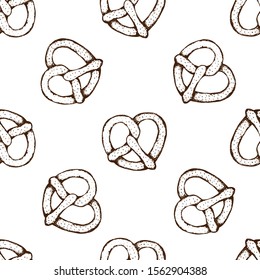 Seamless ink pattern graphic seamless background of delicious pretzels, hand-drawn illustration of brown on white, line art. Vector