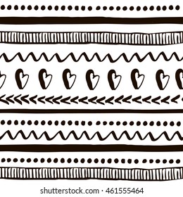 Seamless ink tribal pattern. Monochrome hand drawn texture. Black and white ethnic background. Vector Illustration