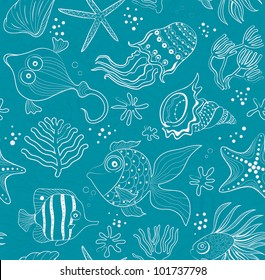 seamless inlay of sea creatures, corals and shells. Pink path in the emerald background.