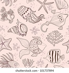 seamless inlay of sea creatures, corals and shells. Brown contour on a pink background.