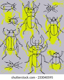 Seamless Insect Beetle Black & Green & Gray Contour