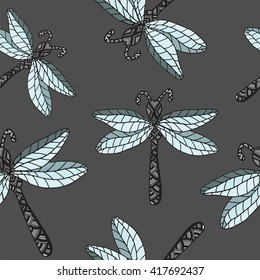Seamless insect dragon-fly on the gray background. For different design and decor, greeting card. 