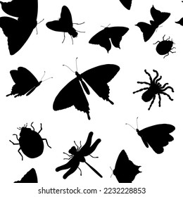 Seamless insect pattern. Pattern of butterflies, beetles, dragonfly, fly and spider. Black silhouette of insects. Vector illustration