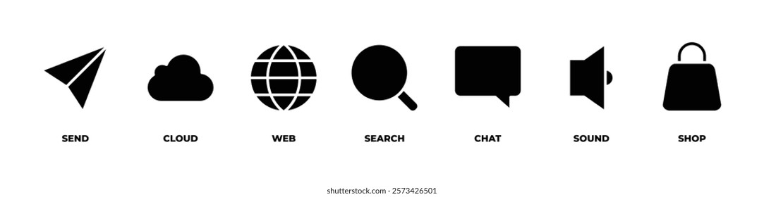 Seamless Interaction icons set vector illustration with  send, cloud, web, search, chat, sound, shop