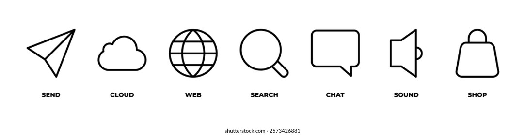 Seamless Interaction icons set vector illustration with  send, cloud, web, search, chat, sound, shop