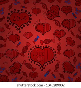 Seamless Interesting typography. Love design with different elements. Valentines day background on orange, red and black colors. Vector illustration.
