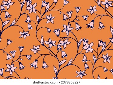 Ramas entrelazadas sin foco patrón de campana de flores. Dibujado a mano por el vector. Resumen, creativo, simple estampado amarillo con tallo floral.  Plantilla para diseño, tela, moda, textil, papel pintado, cubierta.