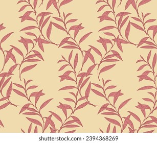 Seamless intertwined  branches leaves pattern on a light yellow background. Vector hand drawn sketch. Retro, creative leaf stems  print. Design for fashion, fabric, wallpaper.